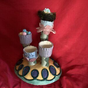 Whimsical Easter Handmade Glazed Terracotta Clay Pottery Candlestick-Trinket Hld